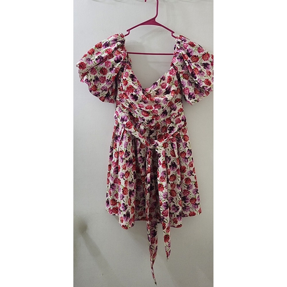 Zara Floral Puff Sleeve Mini Dress Pink Purple Rose Print Cotton Size M